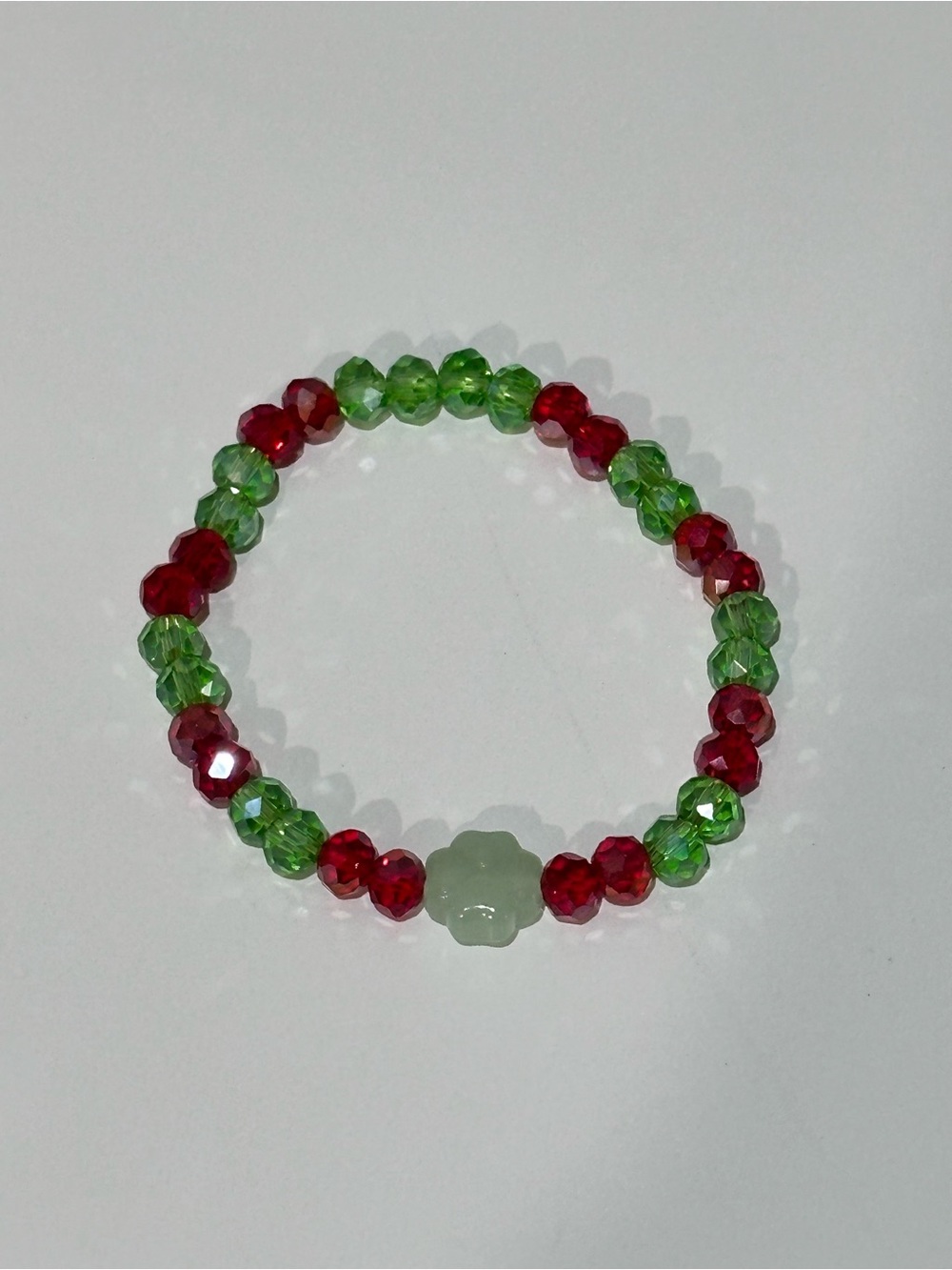 Faceted Red and Green Beaded Stretch Bracelet with Jade Flower Accent